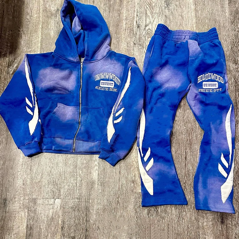 Custom Manufacturer Sun Faded Hoodies And Sweatpants Baggy French Terry Flared Sweatsuit Men Cotton Zip Up Tracksuit Set