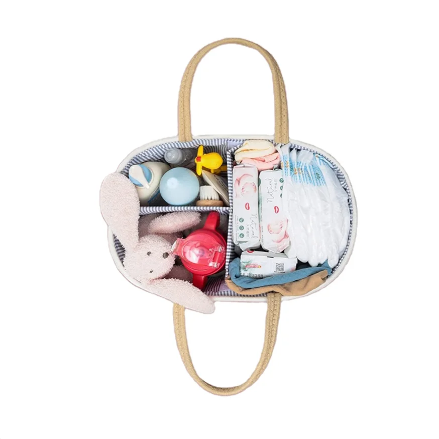 Baby Diaper Caddy Organizer, Rope Woven Nursery Storage Basket with Adjustable Divider, Portable Car Travel Diapers Organizer,