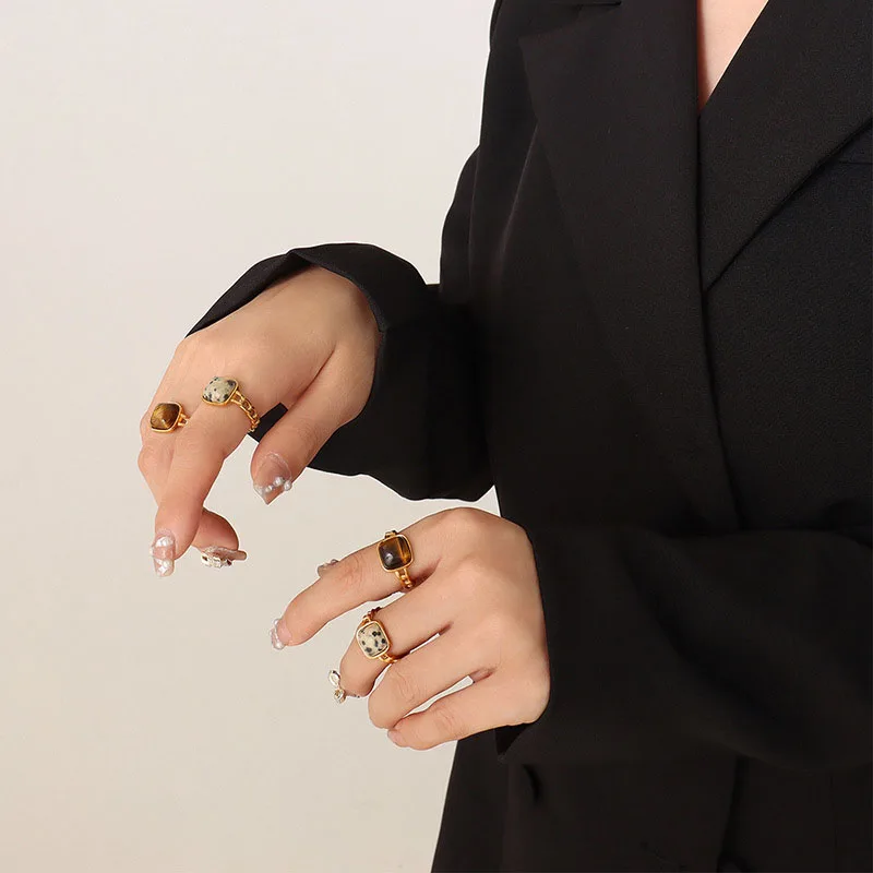 Fanhua Ring Vintage Tarnish Free 18K Gold Plated Stainless Steel Tiger Eye Natural Stone Charm Adjustable Open Ring