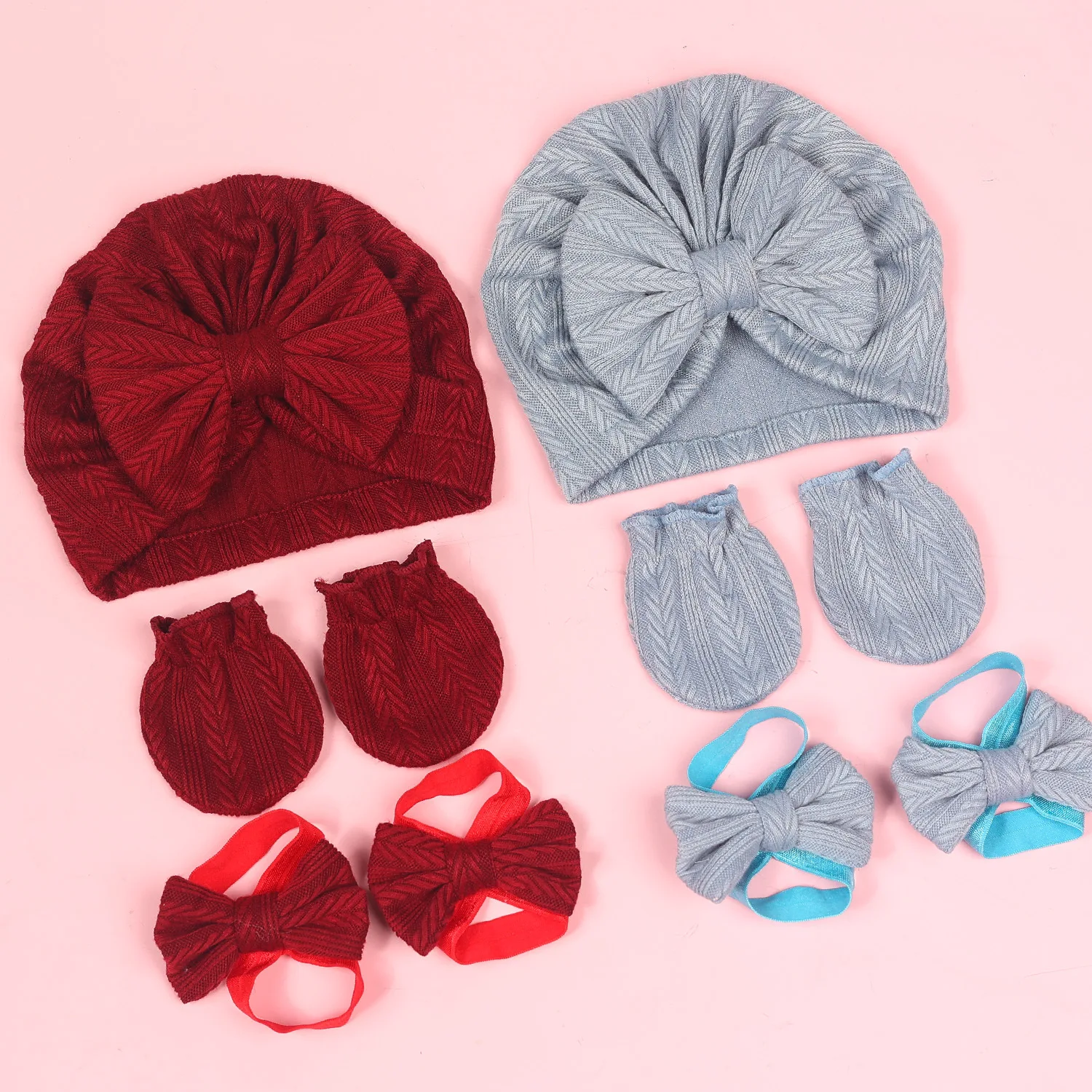 5Pcs/set Cotton Newborn Hats Caps Mittens Foot Cover Infant Felt Cute Bow Headwraps Baby Gloves Socks 0-3M Beanies