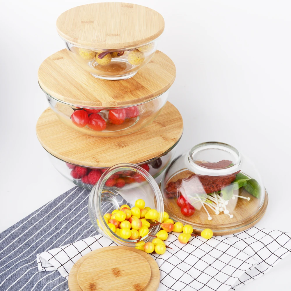 Home products high borosilicate glass salad bowl microwave oven safe bowl mixing bowl with bamboo lid