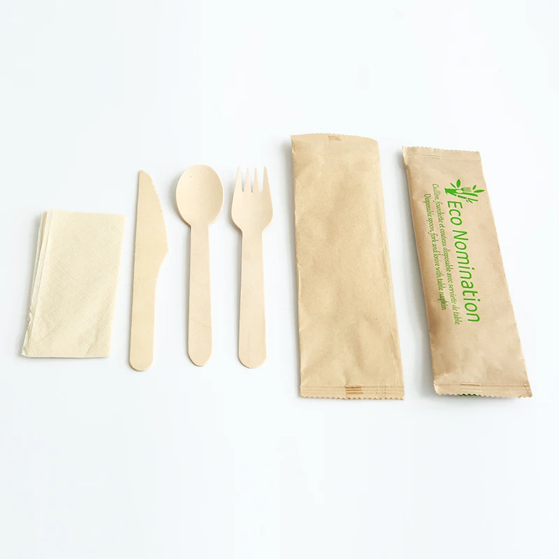 Biodegradable disposable cutlery wooden cutlery set wooden cutlery kit with paper