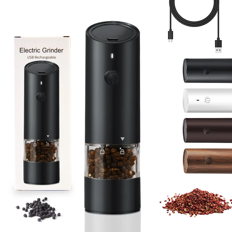 2023 New Wooden Color USB Salt Pepper Grinder Set Rechargeable Electric Salt And Pepper Grinder Set With Cable