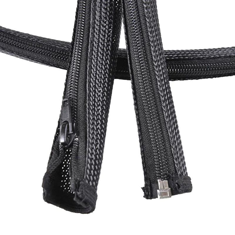 Black Expendable PET Zip-up Braided Closely Wire Cable Sleeving with ABS Gasket