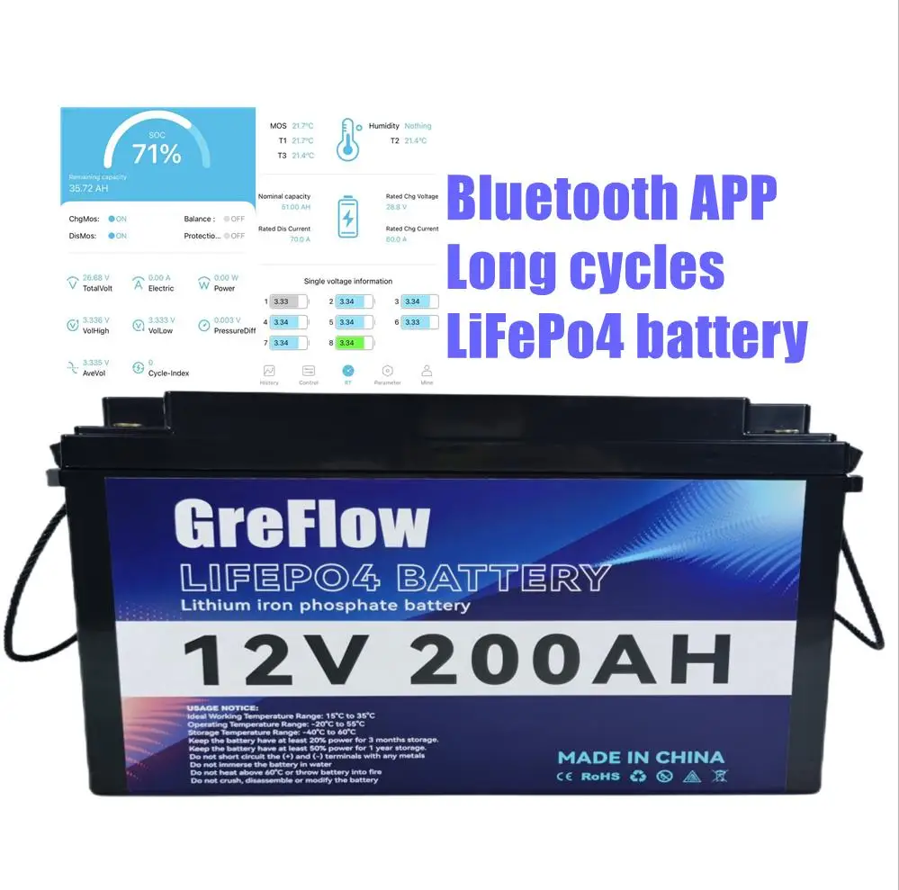 Deep cycle lifepo4 lithium ion batteries solar battery 12v 200ah 100Ah 12 volt akku bluetooth for solar energy storage system