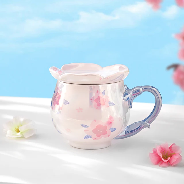 Creative cherry blossom ceramic mug with lid cute gift office breakfast coffee mug