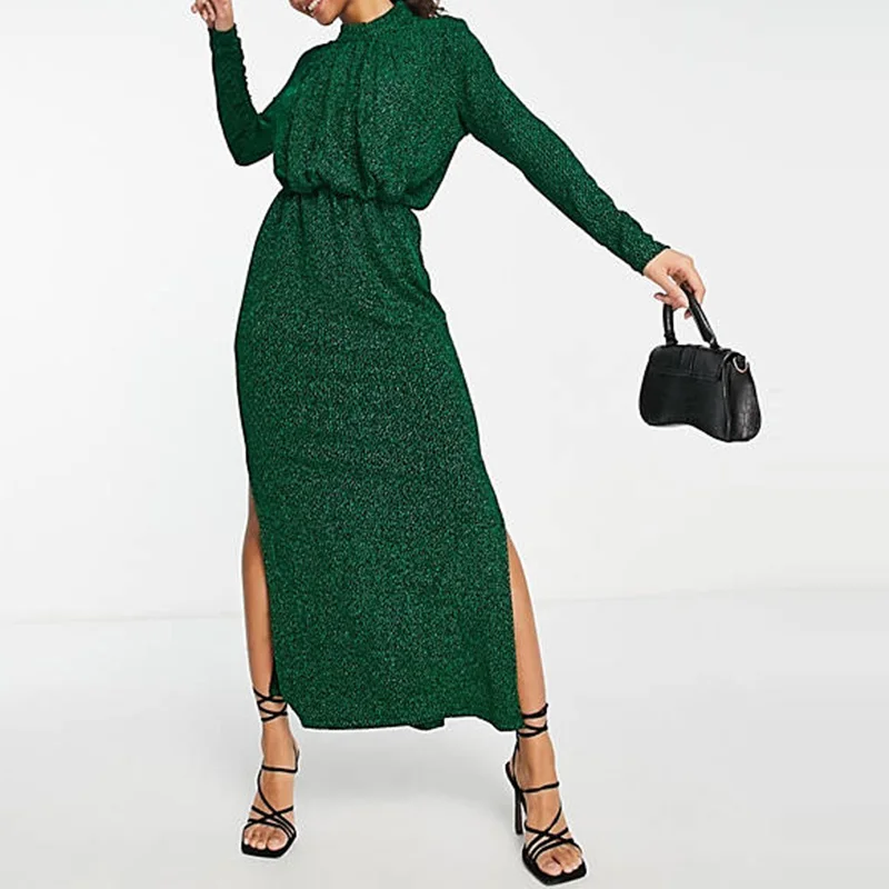 Fashion Office Lady Green High Neck Long Sleeve Ruched Front Midi Dress