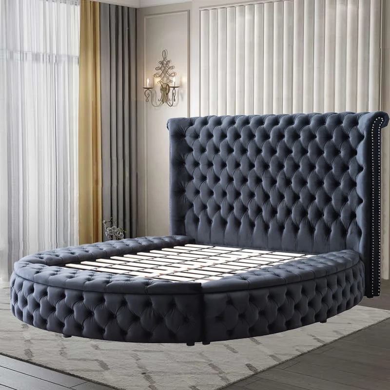Dingzhi High Quality Bedroom Furniture Luxury High Headboard Blue King Fabric Camas Latest Modern Double Bed