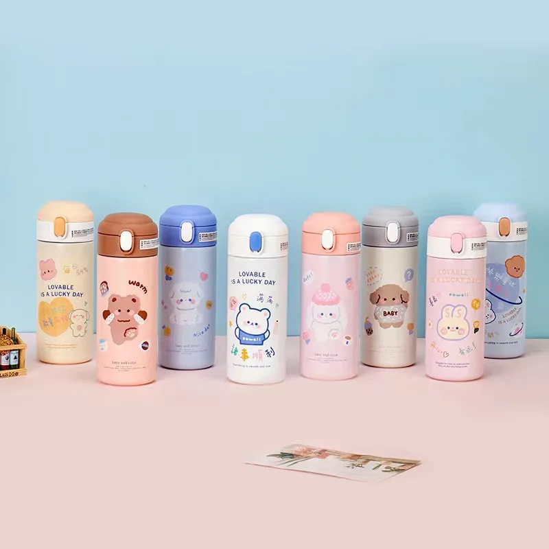 380ML Portable Kids Cute Thermos with straw 304 Stainless Steel Coffee Thermos Tumbler Vacuum Flask Thermocup Water Bottle Cups