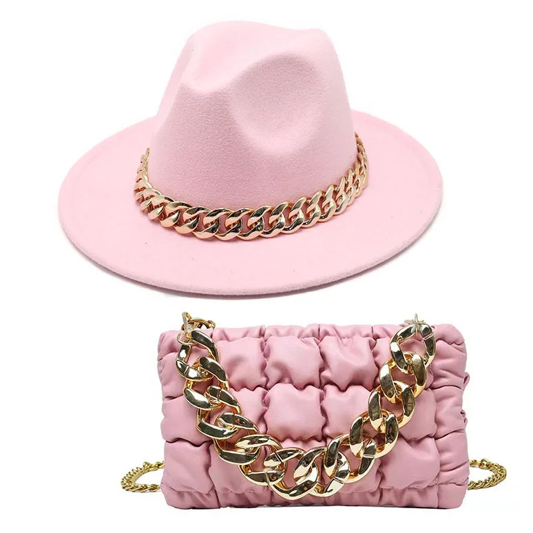 Hot sell Wide Brim Panama Hat Fedora Cap Oversized Chain Accessory Bag Hat  For Women Luxury New Hat Latest Chain Two-piece Set