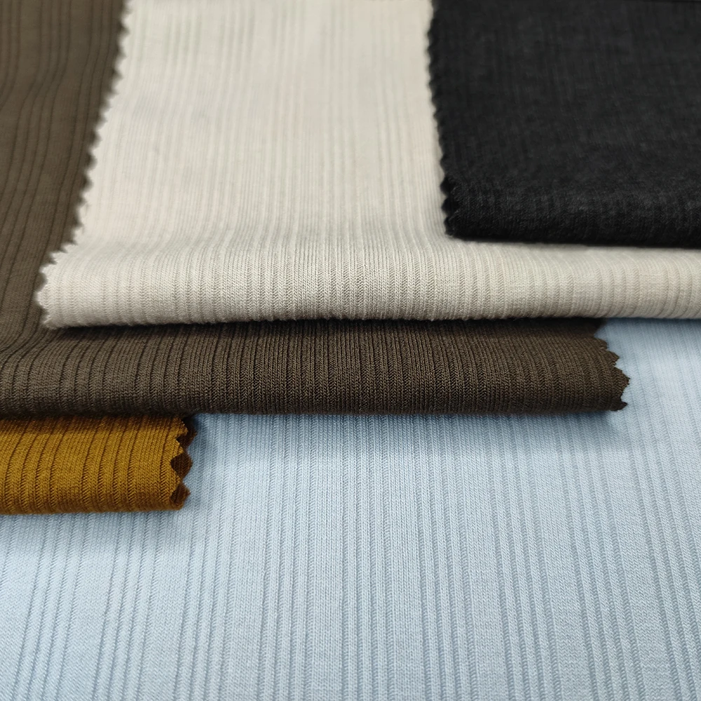 Custom 64% Polyester 28% Cotton 7% Spandex Soft Elastic Solid Dyed Knitted Stretch Rib Fabric For Cloth