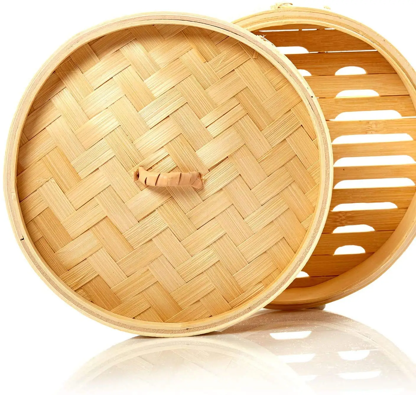 Handmade Basket Bamboo Steamer 10 Inch, 2 Tiers Chinese Food Bamboo Steamers for Cooking,Reusable 2 Gauze Liners and Chopsticks