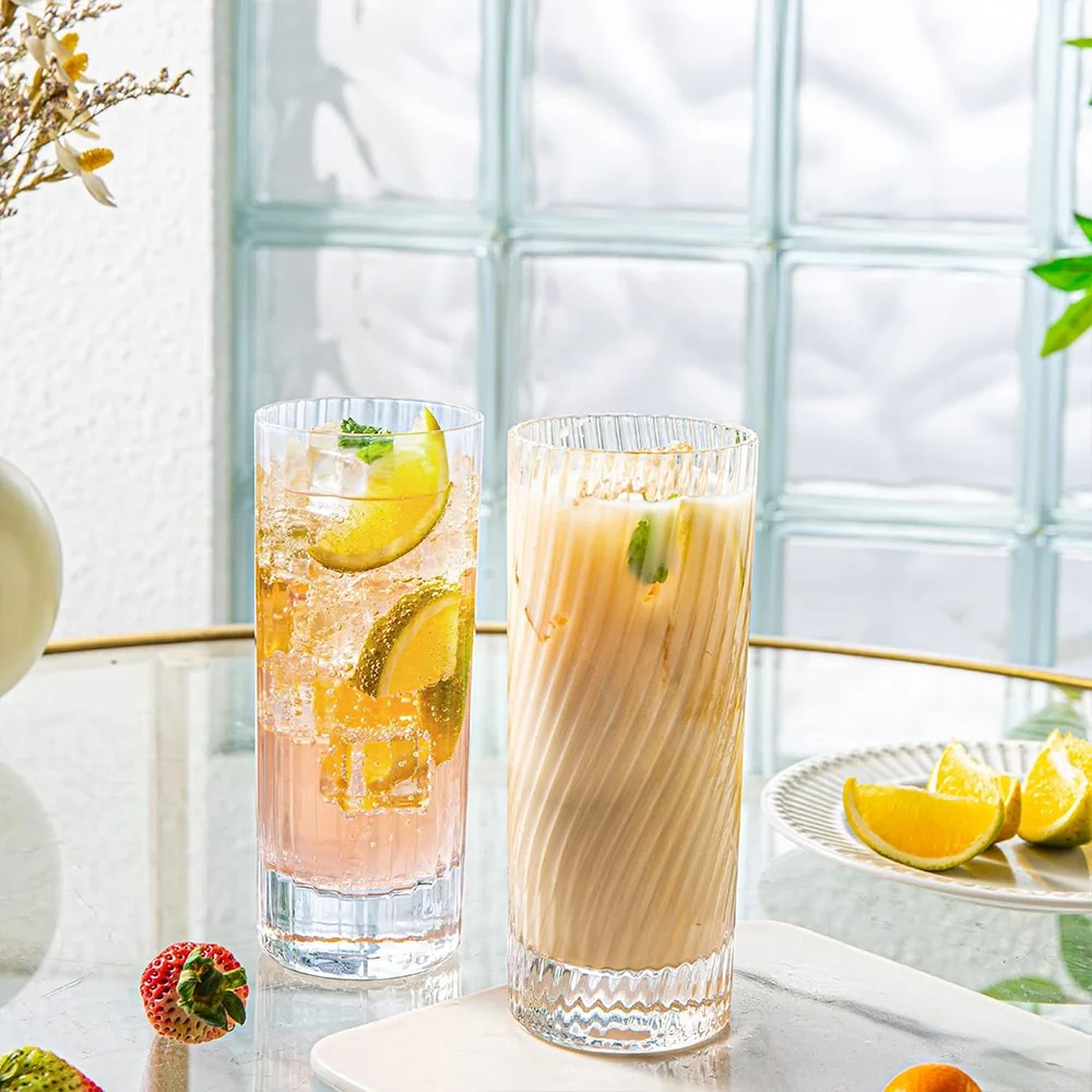 Elegant Collins Glass Cup Bar Cocktail Long Drink Glass Deep Spiral Highball Glasses
