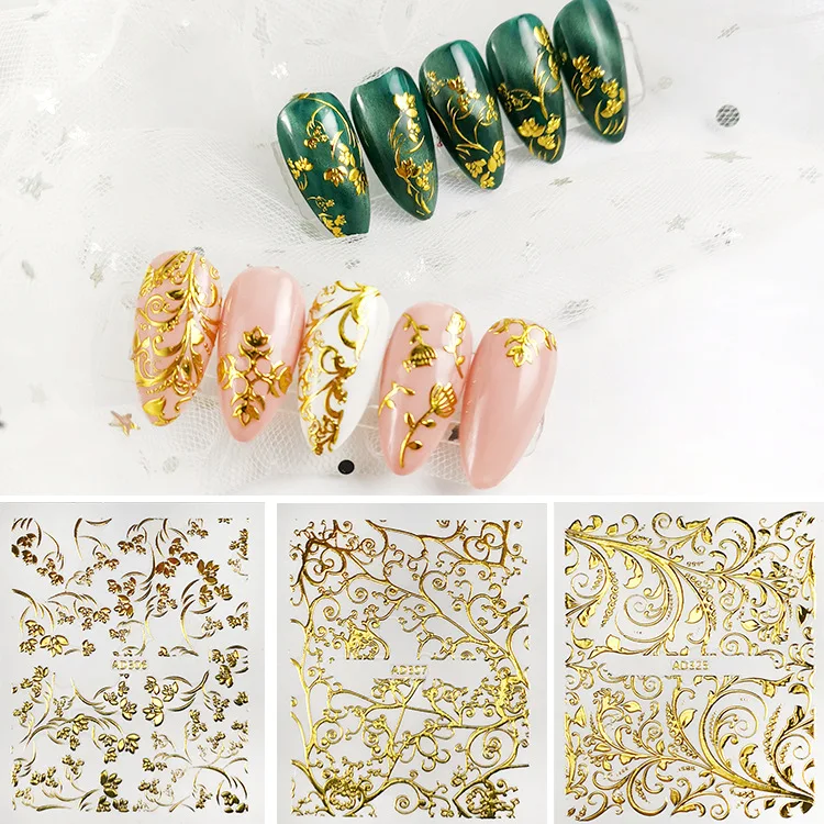 Custom Metallic Gold Flower Pattern Nail Decal 3D Adhesive  Sliders Warp Polish Press On DIY Nail Art Decorations Stickers