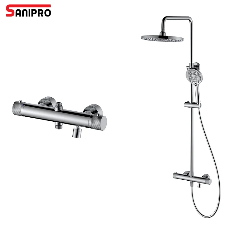 SANIPRO Chrome Finishing Zinc Alloy Material Wall Mounted 3 Functions Thermostatic Bath Shower Faucet Rainfall Shower Set