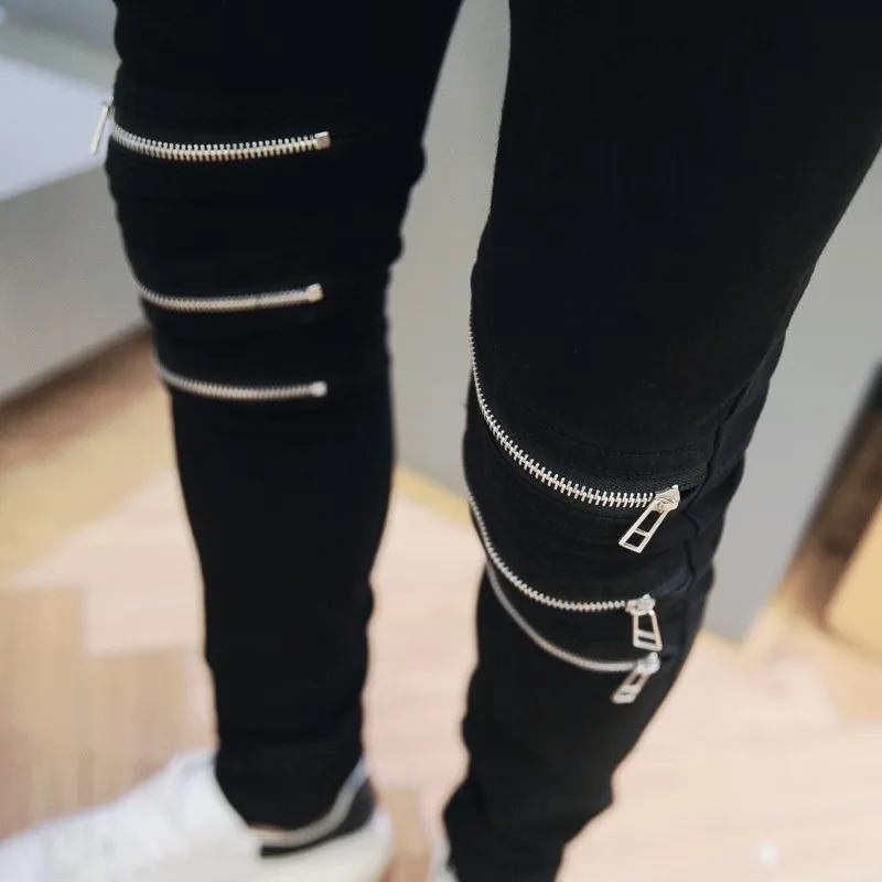 
Vintage streetwear metal rivets & buckles punk Men Joggers Trousers slim fit multi-zippers hip hop Pants 