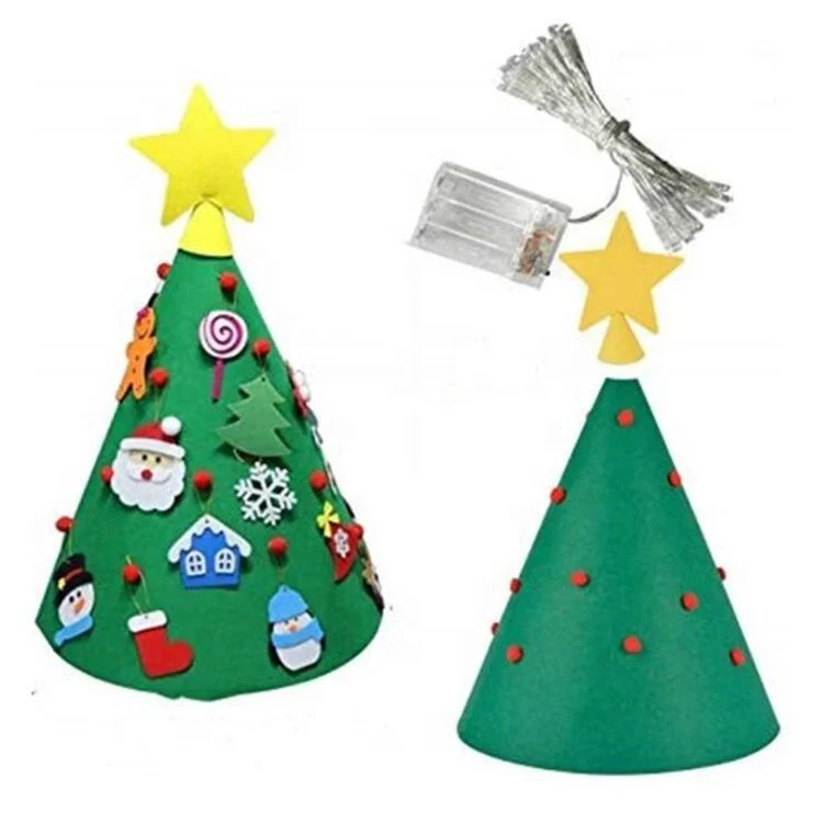 free sample big stock 2023 funny 3D DIY felt christmas tree with LED string lights