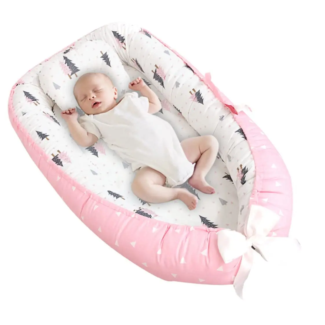 Portable Newborn Cushion Bed with Pillow Baby Lounger Pod Breathable Cotton Newborn Lounger