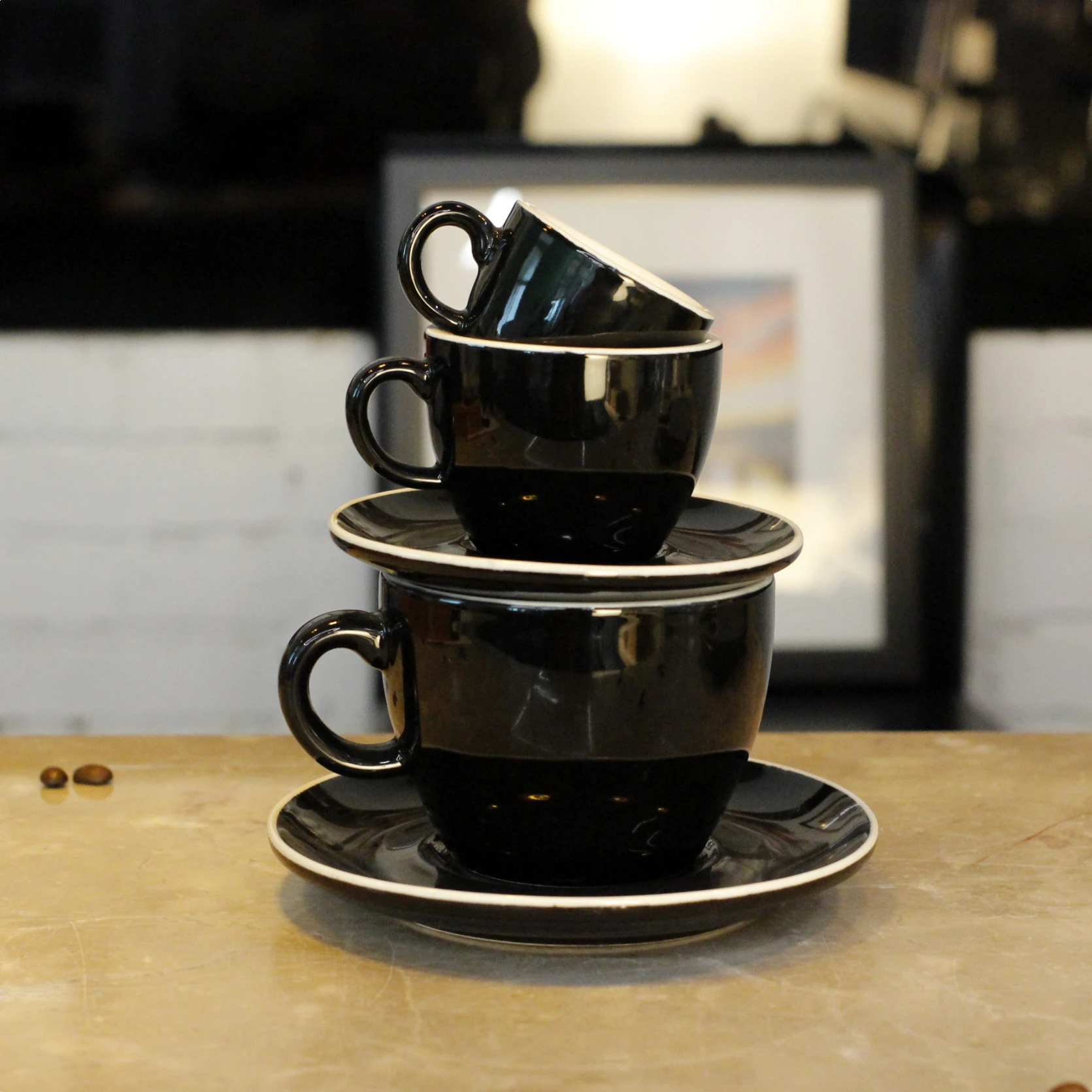 Black Color Ceramic Coffee Cup And Saucer With White Border Porcelain Latte Cappuccino Cups And Saucers For Cafe