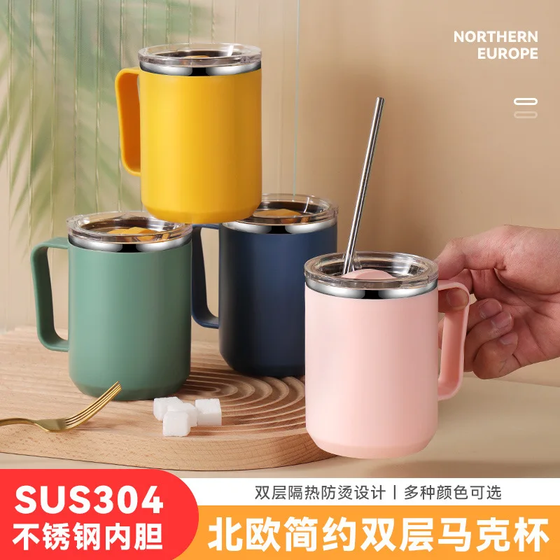 High-value stainless steel student insulation cup office double-layer insulation coffee cup with lid