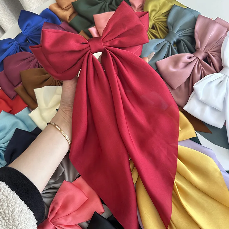 Customizable  Big Bow Hair Clips Solid Color Bowknot Hairpin French Barrette with Long Silky Satin for Adult Teens Women