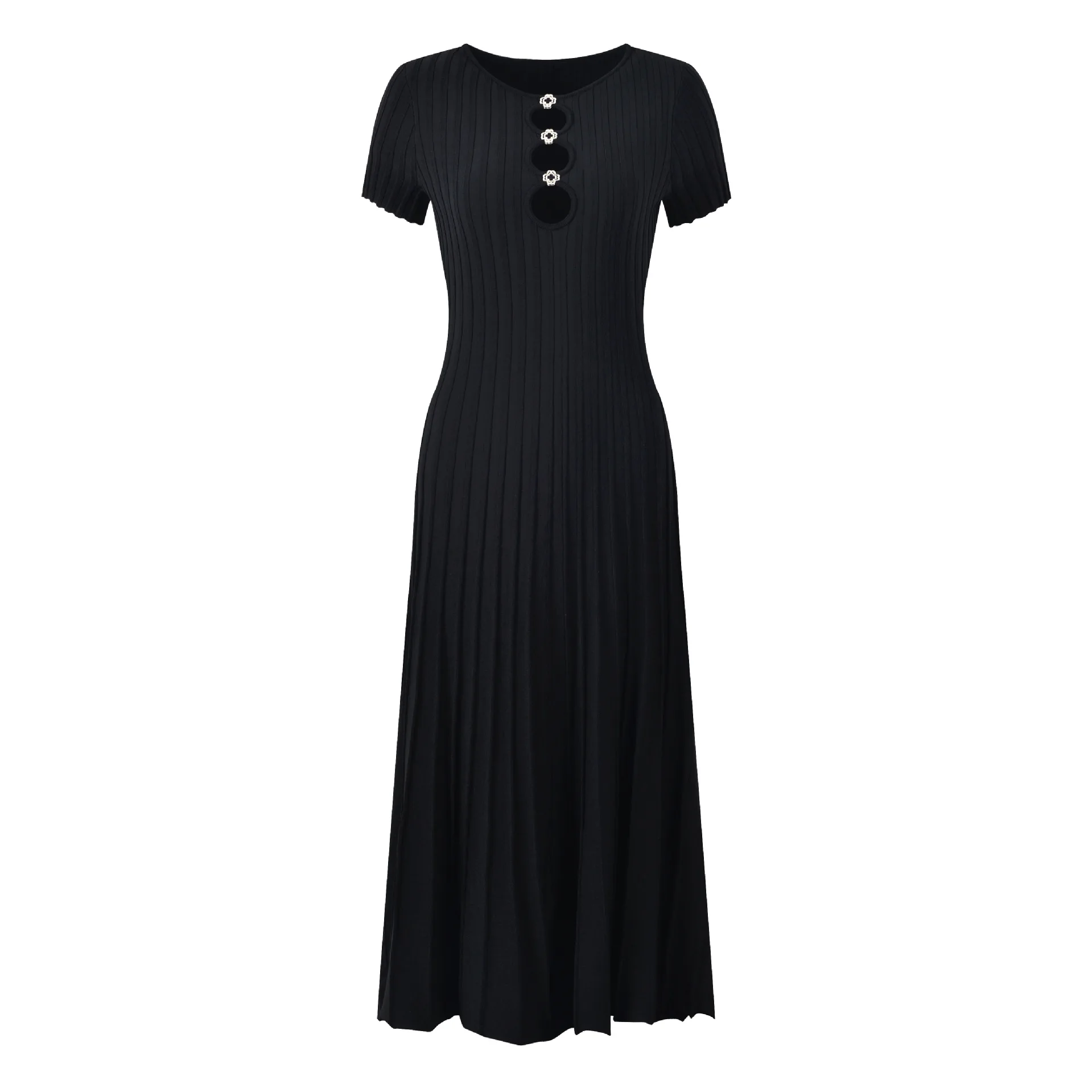 2024 Spring Summer French Style Women Knitted Short Sleeve Round Collar Ladies Fashion Maxi Long Solid Hollow Out Dresses