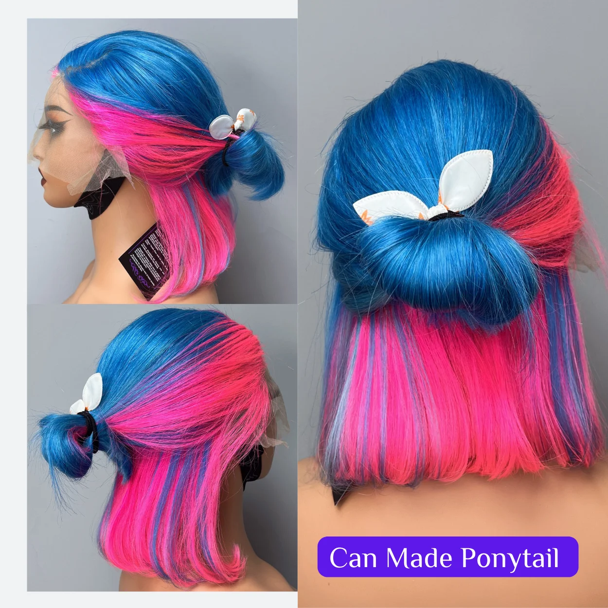 Cheap Wig Vendor Royce Hair Customized Wig Highlight Pink Color Mixed Blue Color Double Drawn Bob Wigs Human Hair Lace Front