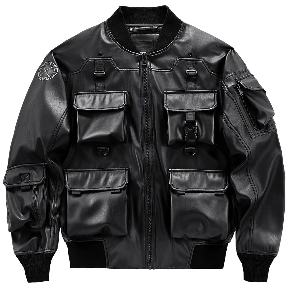 cropped oversized black leather custom varsity jacket Multi Pockets Jacket PU Leather Zipper stylish leather jacket for men