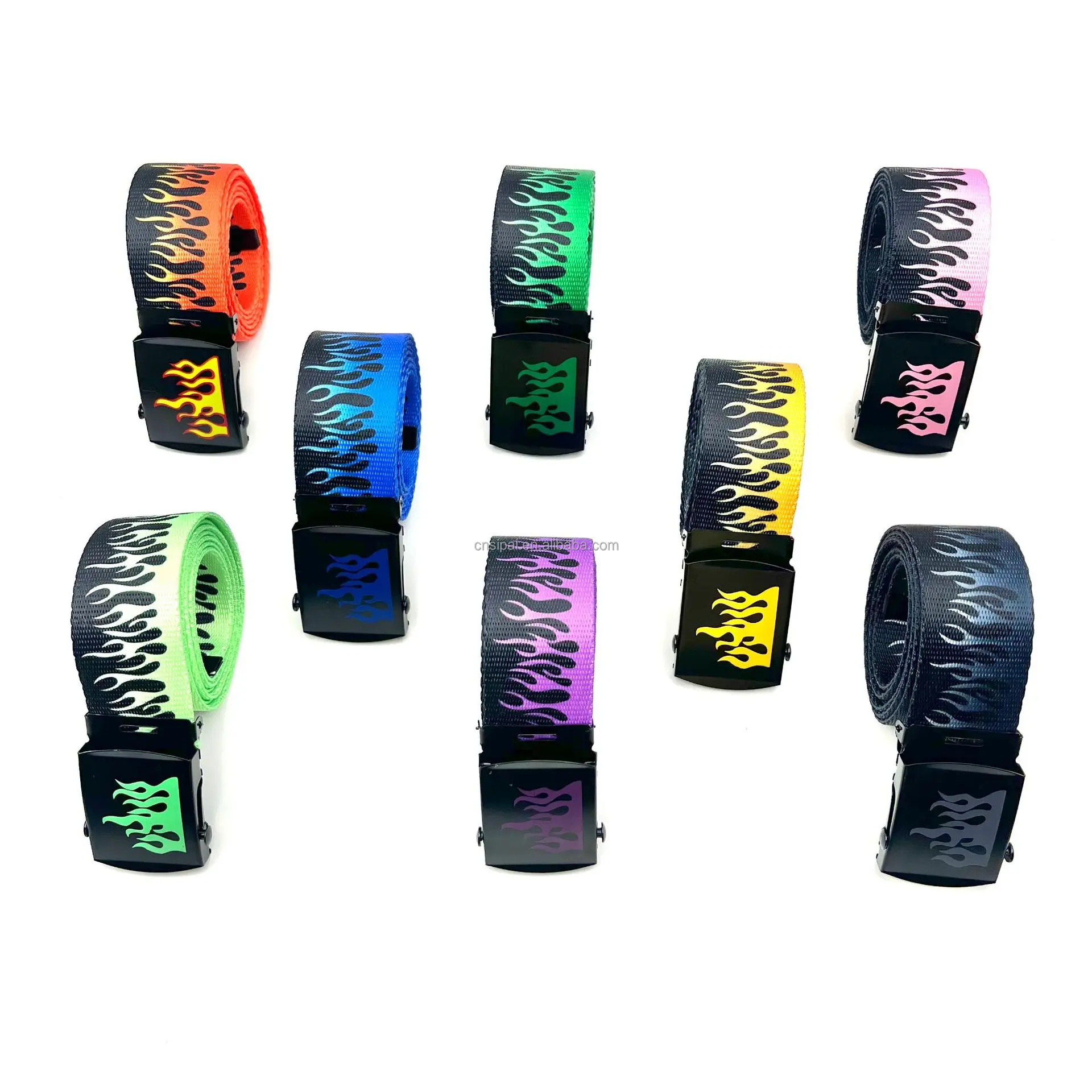 Stock Wholesale Hip Hop Fashion Canvas Fabric Belt Custom Casual Flame Printed Designer Belts Metal Buckle Jeans Waist Belt