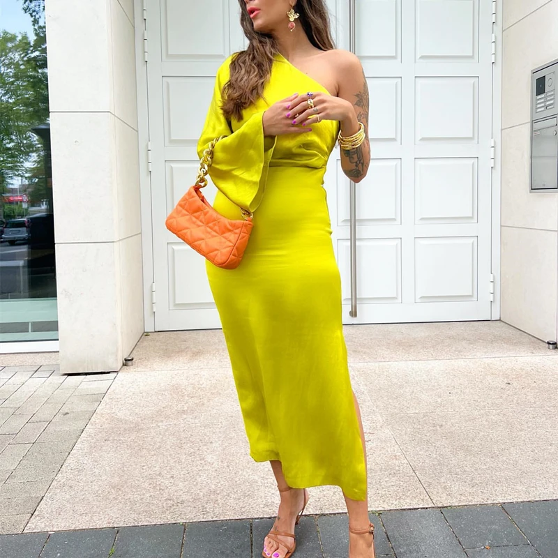 2022 summer new European and American style fashion solid color asymmetric silk satin texture PB&ZA dress