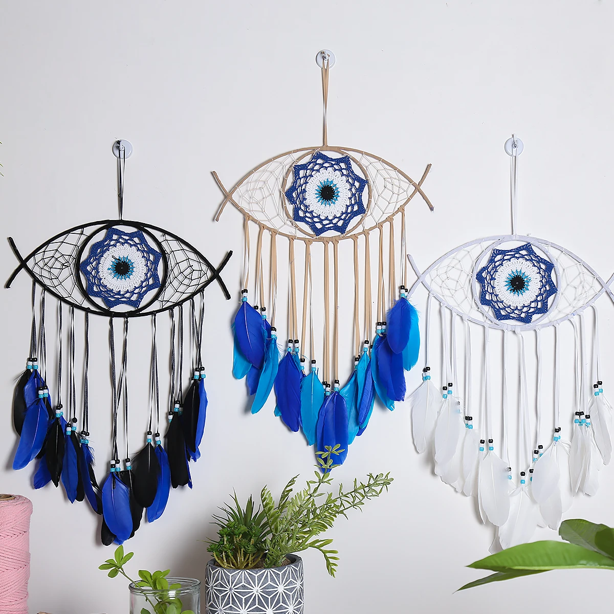 Hot Sale Evil Eye Dream Catcher-Blue Handmade Feather Evil Eye Wall Hanging Ornament Home Decoration Macrame Dream Catcher