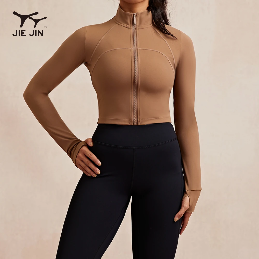 JIEJIN Fashionable Women Sports Gym Tight Athletic Windbreaker Cropped Long Sleeve Zipper Yoga Jacket With Finger Hole