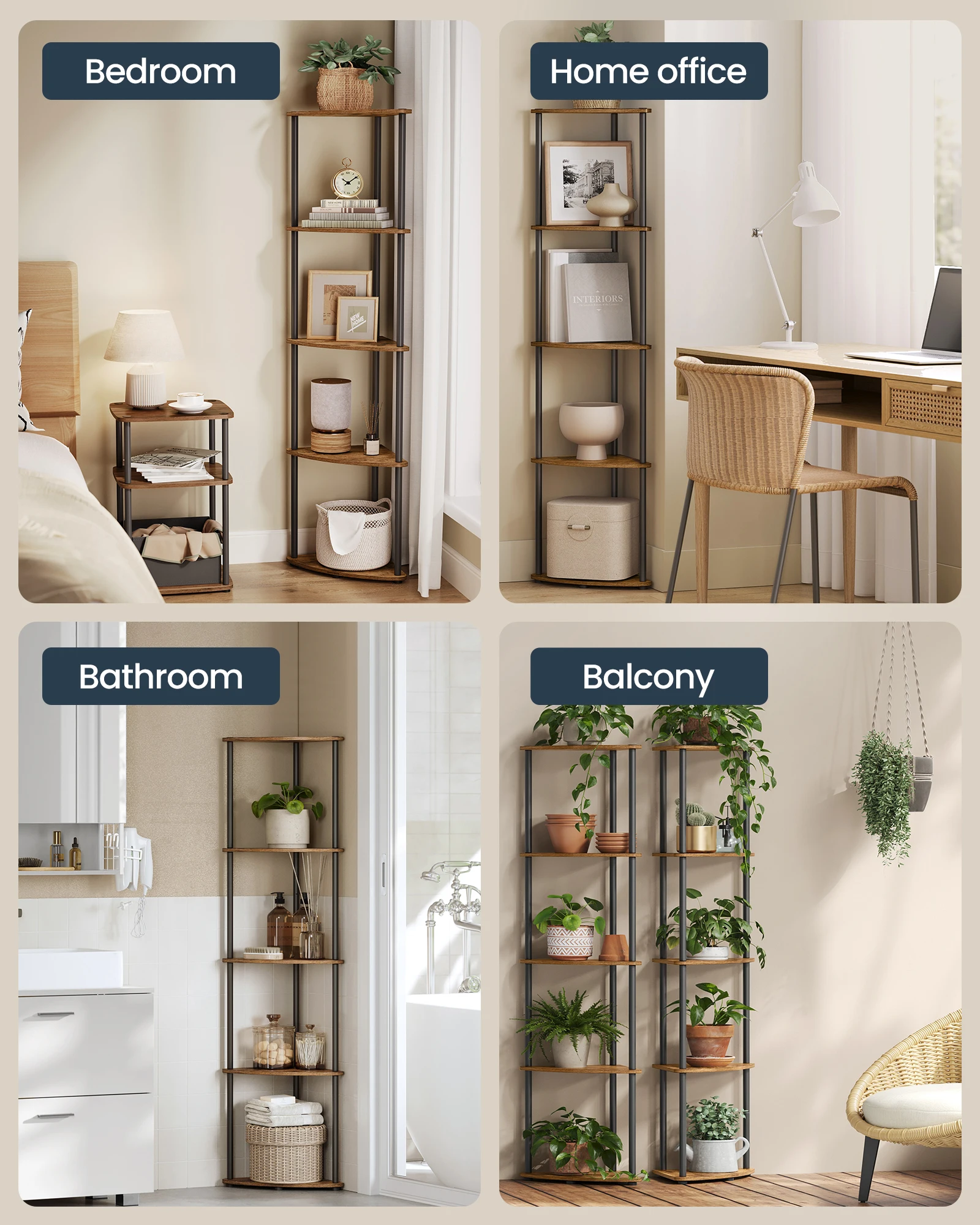 SONGMICS HOME Small Space Decor Free Installation Floor 5 Tier Corner Storage Stand Wood Corner Bookshelf