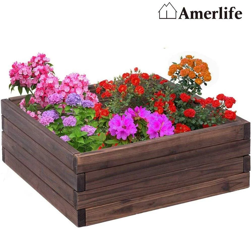 Wooden Raised Garden Bed Planter Square for Vegetable Flower Natural Wood Portable for Outdoor Garden