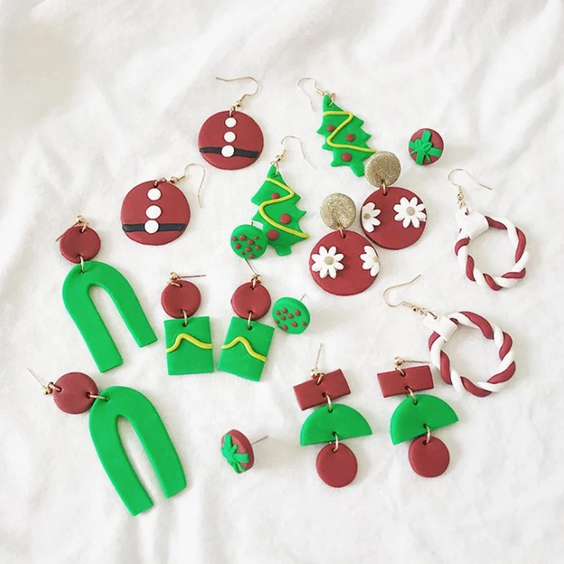 2021 New Green Christmas trees Santa Claus Handmade Polymer Clay Earrings Geometric Flowers Unique Festival Party Jewelry Gift