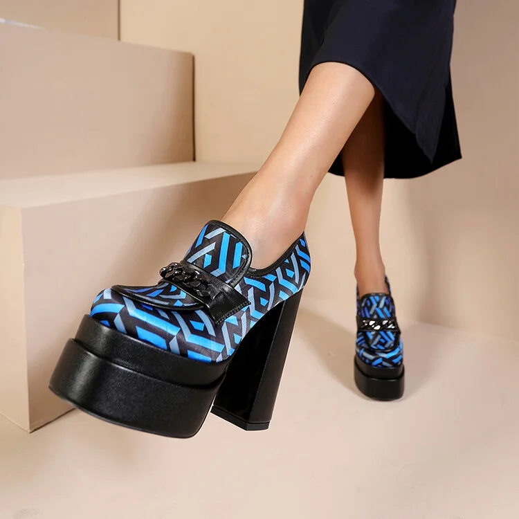 Stylish Designer Brand Women Shoes Square Toe Double Platform Pumps Chunky heel Slip-on Office Lady High Heel Grundfos Pumps