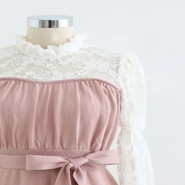 
Hot selling good quality white lace Long sleeved casual dresses pink dress with a bow 