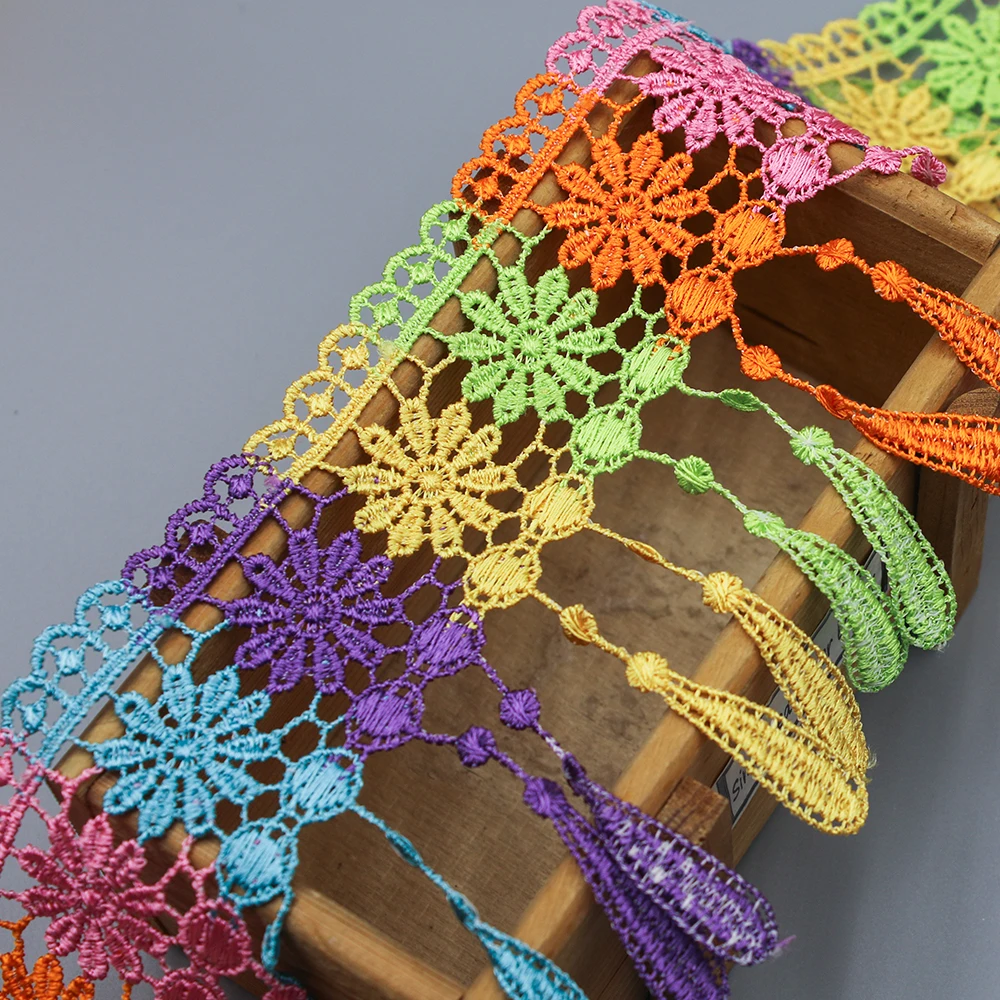 wholesale 100% polyester colored flower embroidered water soluble fringe chemical Daisy lace trim for sewing