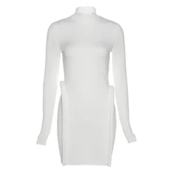 Knitted Stitching Mini Dress Women Hipster Skinny Three-dimensional Decoration Long Sleeve Turtleneck Streetwear Bodycon Dress