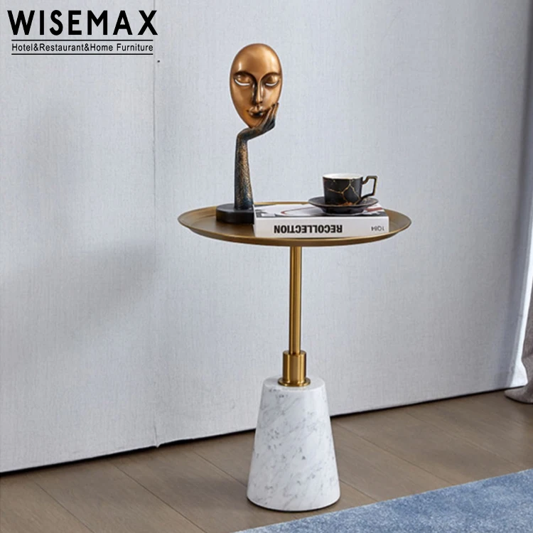 WISEMAX FURNITURE luxury small round marble base bed side table modern gold stainless steel top natural marble coffee tea table