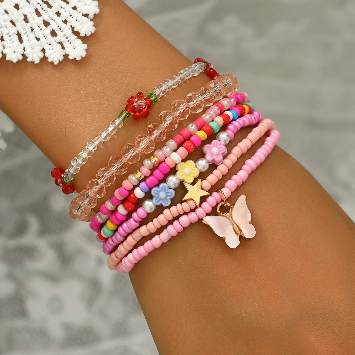 Simple Sweet Pink Beaded Bracelet Small Flower Stars Butterfly Colorful Rice Beads Hand Jewelry