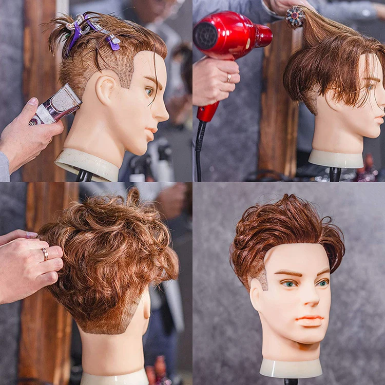 Human hair man training head, mannequin head with natural hair, real human hair dummy for sale