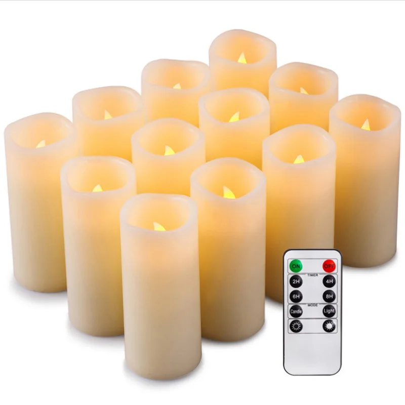 3D Flameless Real Wax Electric Led Candles 12 pcs Remote Control battery operated flickering pillar led candle