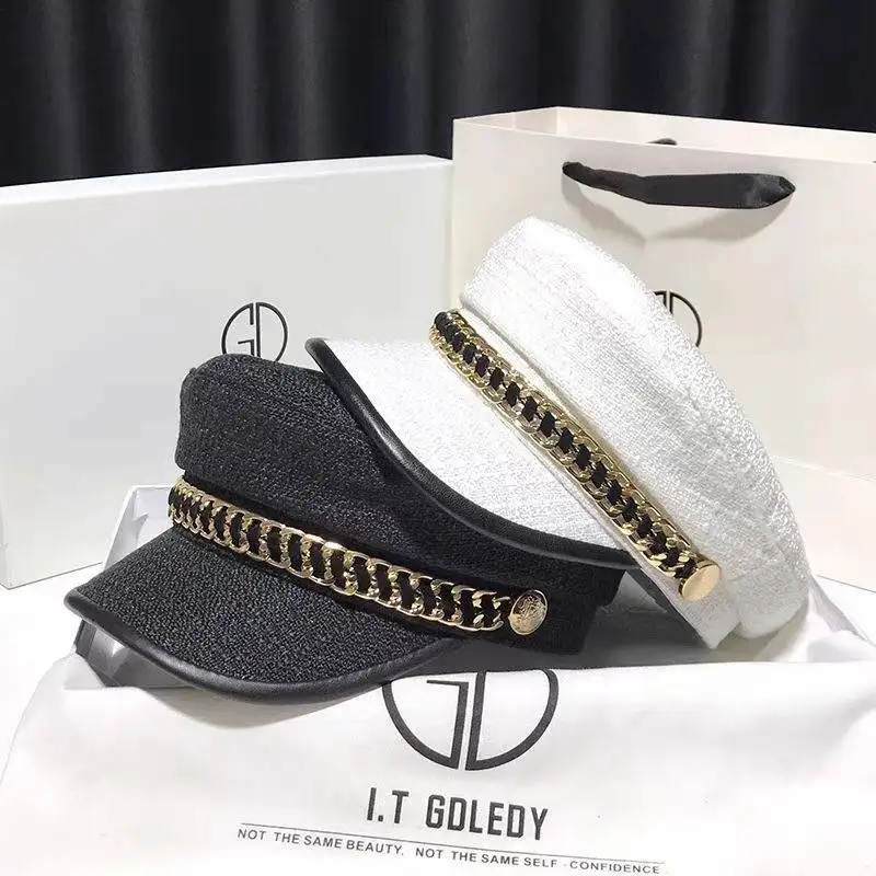 2023 new design fashion spring and summer chain navy hat caps flat top chain peaked hats for women wholesale