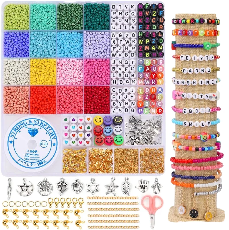 7000PCS 3mm Glass Seed Beads Bracelets Making Kit With 400pcs Alphabet Letter Beads for Jewelry Making DIY Craft Material