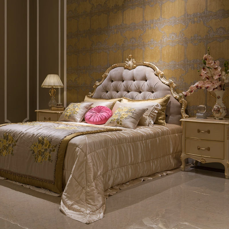 California Classical carved wood Italian 6 ft tufted upholstered purple velvet king size bed frame design bedroom set