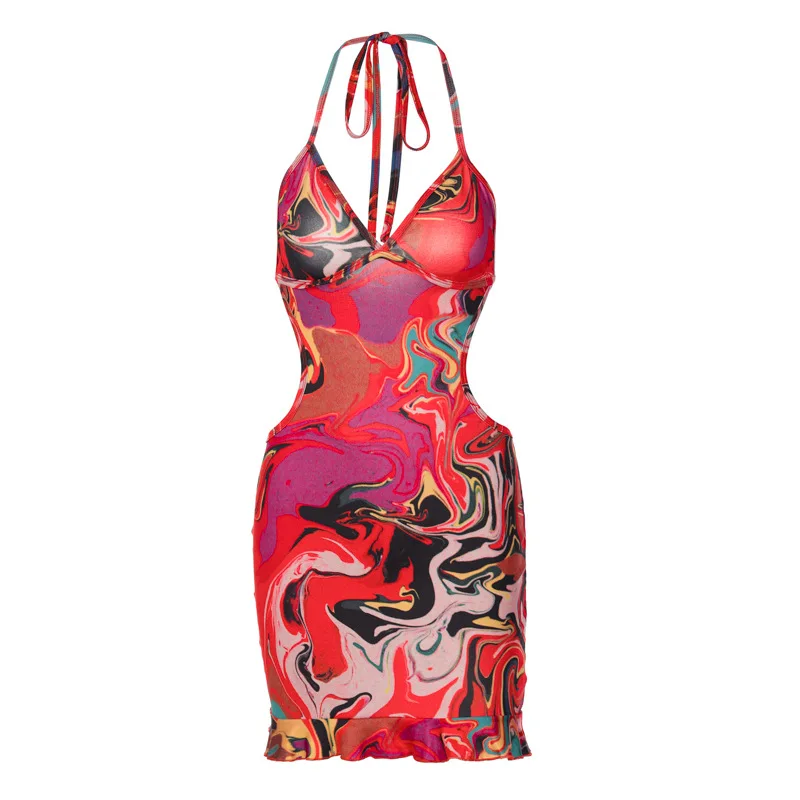 Wholesale Casual Dress New Print Pattern Halter Neck Backless Straper Summer Women Sexy Cut Out Dress Club Bodycon Mini Dress