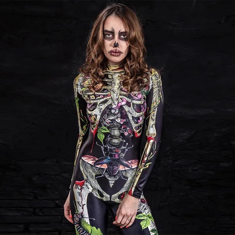 
F22117A 2021 New Halloween Costume Jumpsuits Cosplay Fancy Dress Skeleton Women Clothing Jumpsuits 