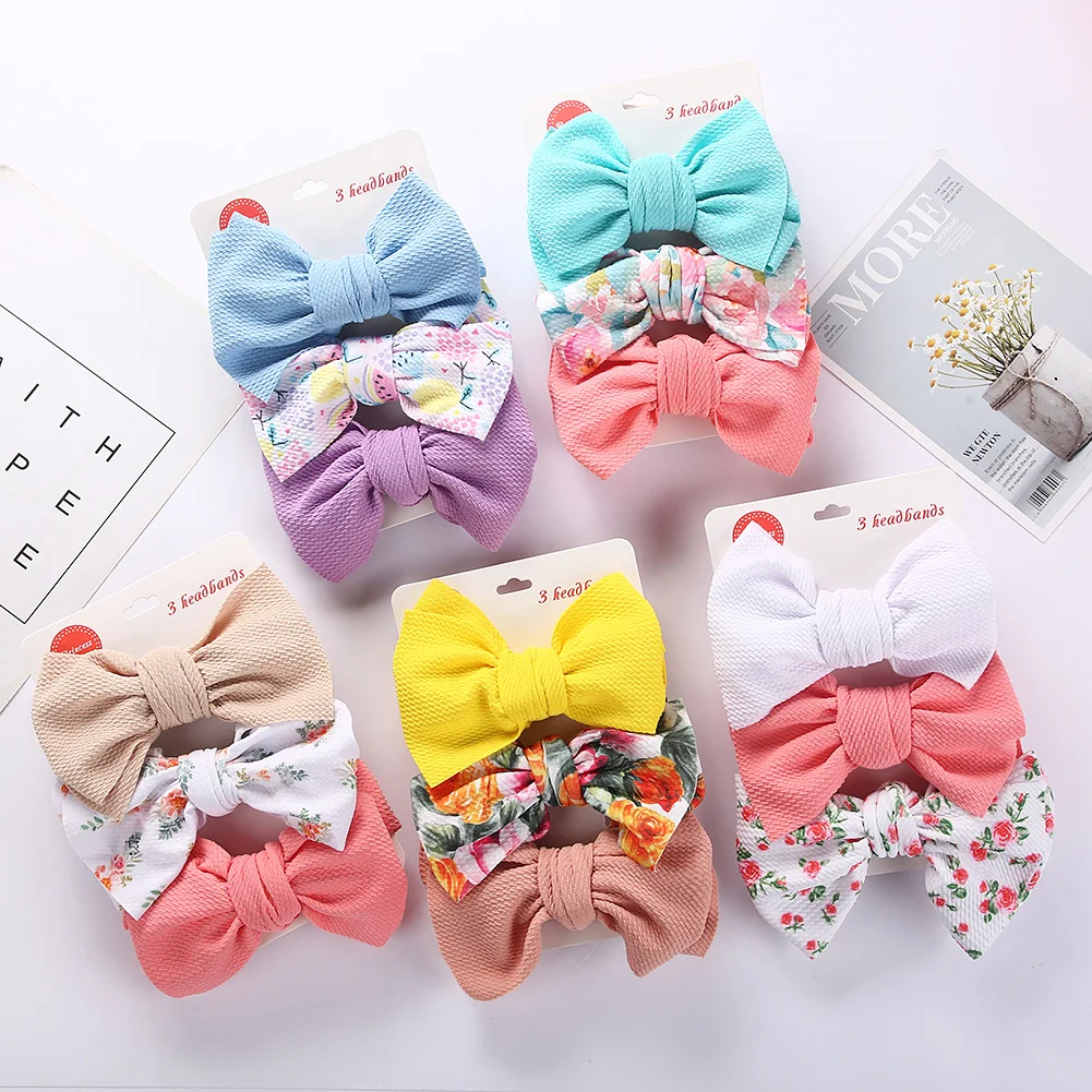 3Pics/Set Baby Messy Bow Headband Set Printed Color High Stretch Elastic Baby Headband Set Top Selling Fabric Hair Accessories