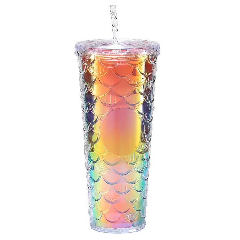 Personalized Car Water Cup Coffee fish  scale glitter 24oz Insulated Double Wall Plastic Acrylic Cups with straw and lid